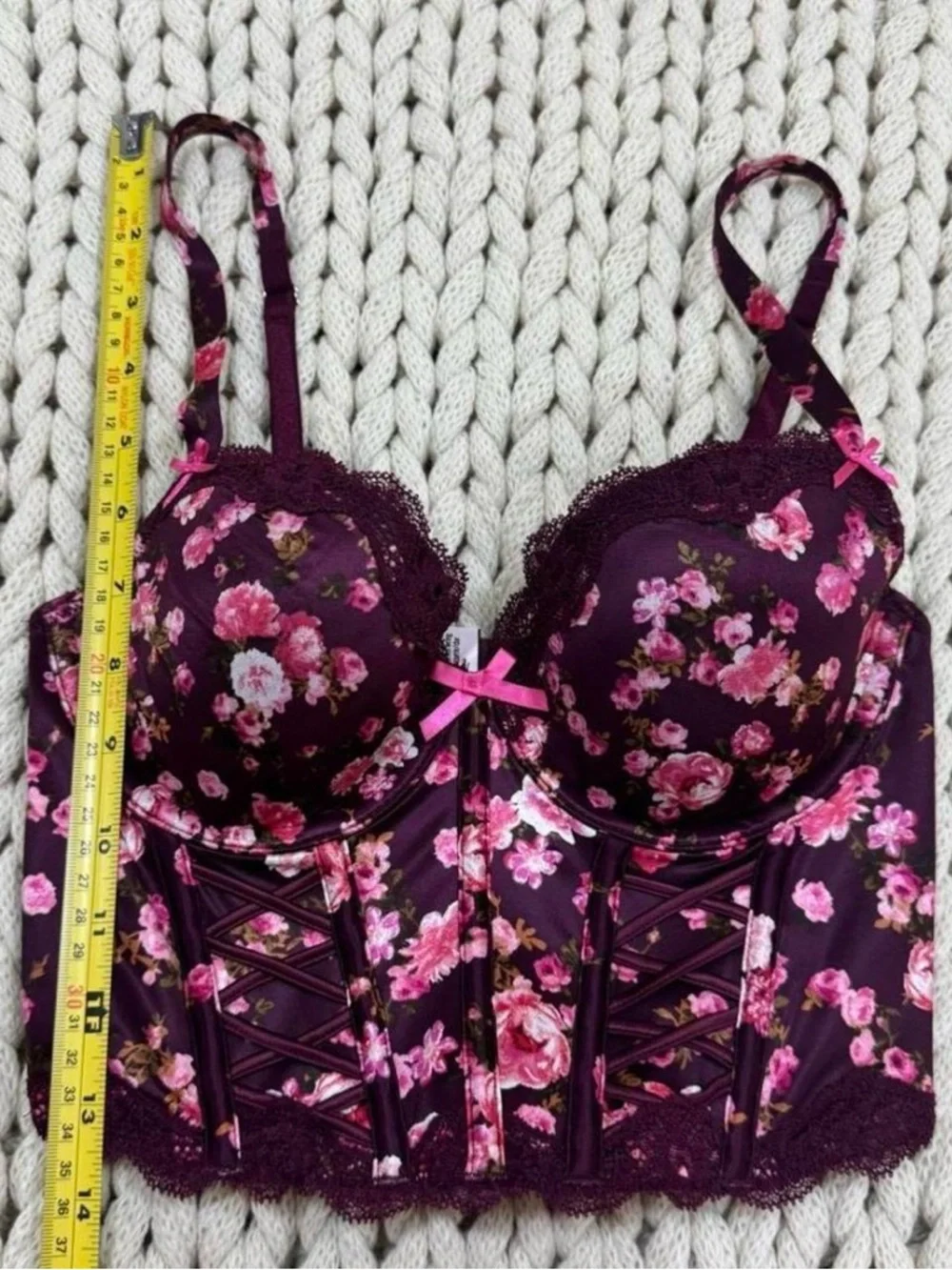 NWT Victoria’s Secret Dream Angels Burgundy Floral Lace Up Corset Bra Top Sz 32C - Picture 5 of 8